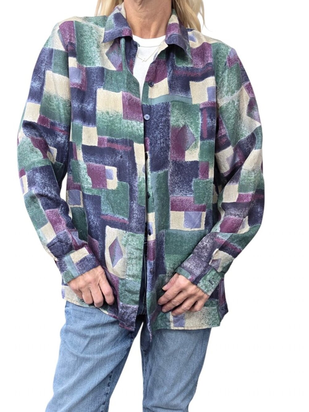 Vintage 90s STUNT 100% Silk Geometric Abstract Button Up Shirt Small